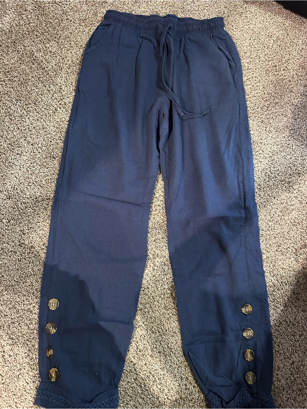 Navy Drawstring Button-Hem Pants